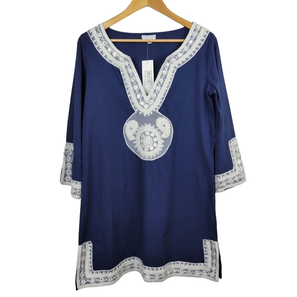 Debbie Katz Shanti Mirror Gauze Cover-Up Tunic Size XS Navy White Beach Resort
